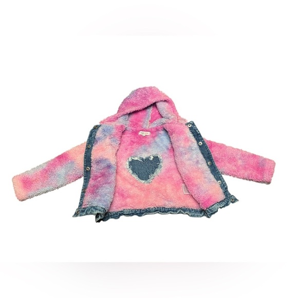 Baby Sara Pink/Blue Fuzzy Heart Snap Up Hybrid Hooded Jean Jacket Size 4 - Picture 3 of 6